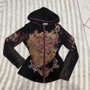 Black Zip Hoodie with Pink Trim and Accent Graphic